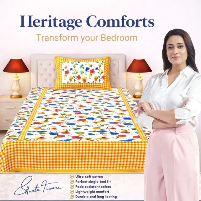 Cotton Single Bed sheet With 1 Pillow Cover (Multicolour) Set Of 1