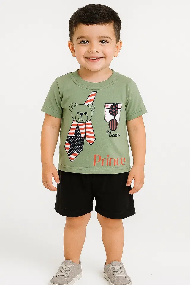 Solid Cotton Blend Top & Bottom Set for Boys (Pista, 3-4 YR)