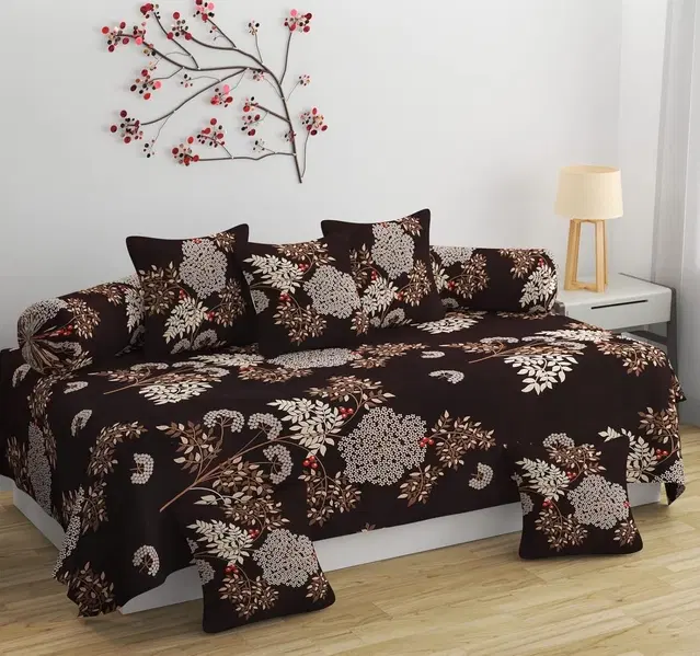 Sarangi Abstract Diwan Set with 1 Single Bedsheet, 5 Cushion Cover and 2 Bolster Cover Brown 150x225cm