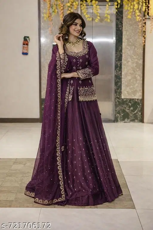 Embroidered Lehenga Choli for Women (Wine, S)