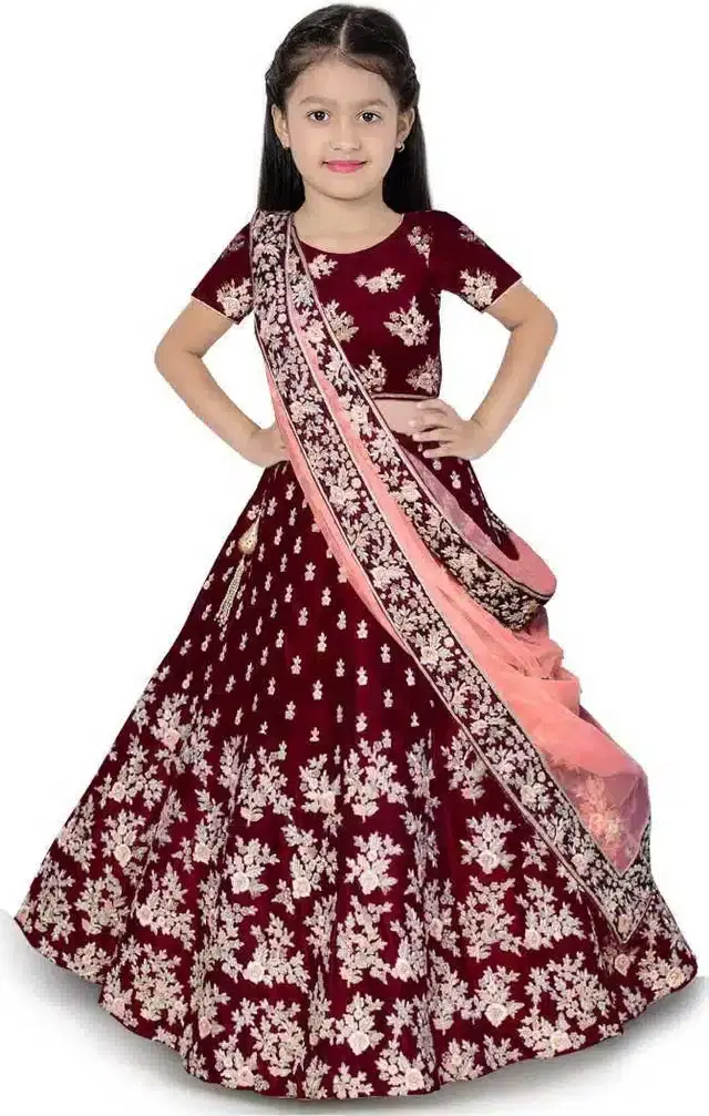 Net Embroidered Semi Stitched Lehenga for Girls (Maroon, 13-14 Years)