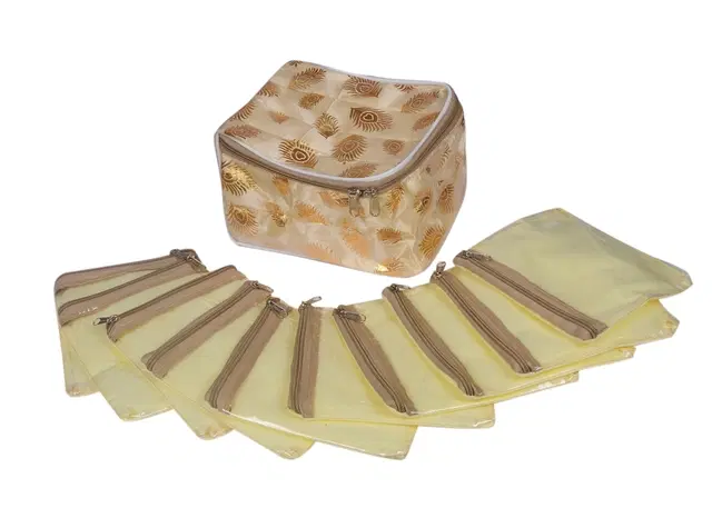 Canvas Printed Jewellery Organizer Bag with 10 Pcs Separate Pouches, Gold, Set of 1