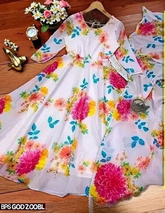 Georgette Printed Gown with Dupatta for Girls (Multicolor, XS)