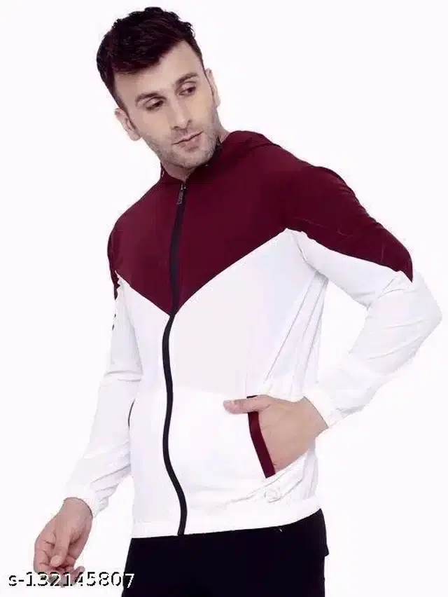 Polyester Full Sleeves Colorblocked Jacket for Men (Maroon & White, XL)