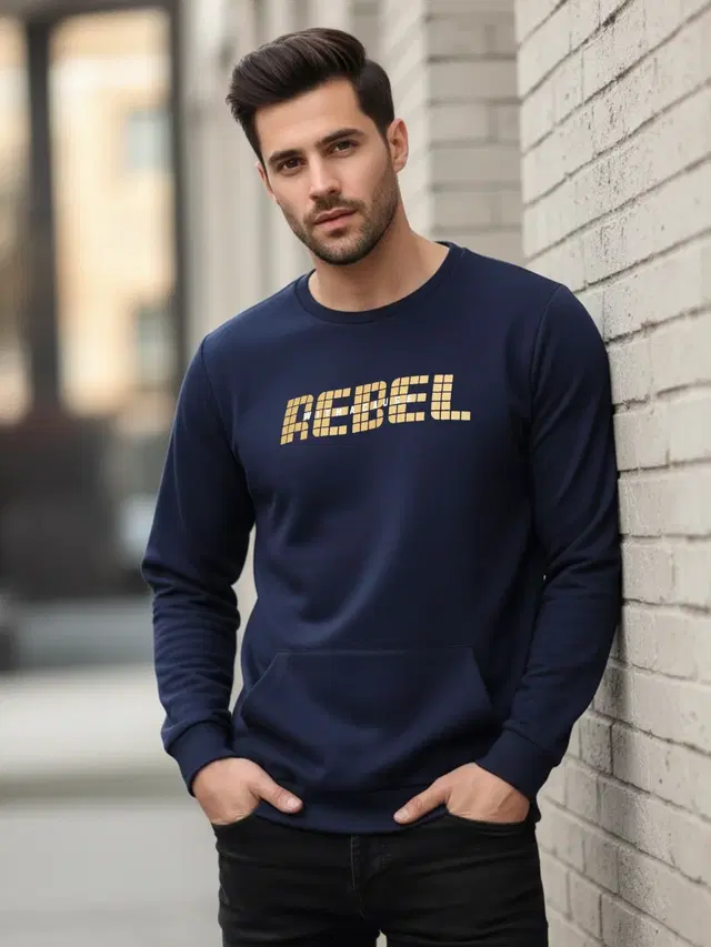 Fleece Printed Sweatshirt For Men, Blue (XXL)