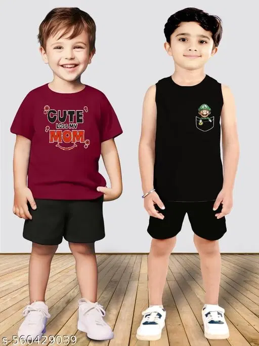 Cotton Blend Printed Clothing Set for Boys, Maroon & Black, Pack Of 2 (0-1 Months)