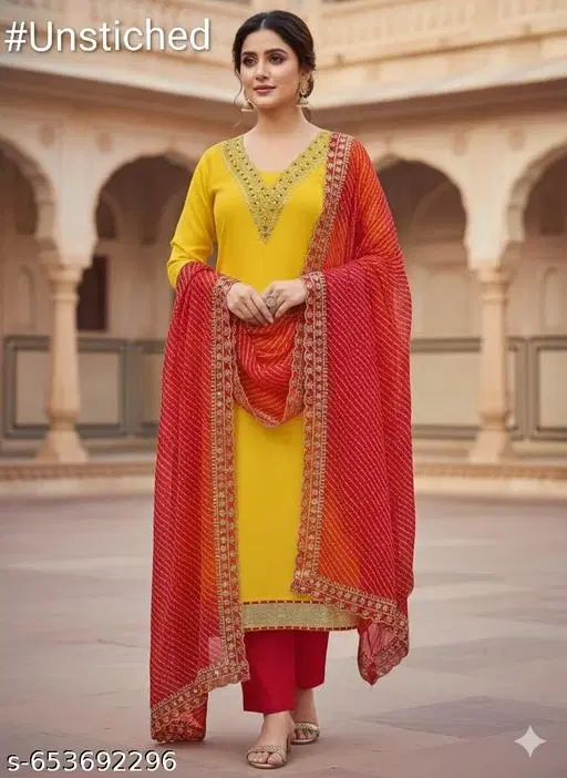 Silk Blend Pakistani Suits for Women (Yellow, Un Stitched)