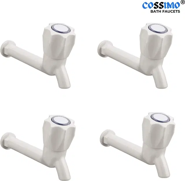 Plastic Long Body Bib Cock Tap with Wall Flange, White, Set of 4