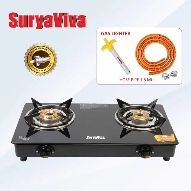 SURYAVIVA Hose Pipe & Lighter Combo Glass Manual Gas Stove (2 Burners)