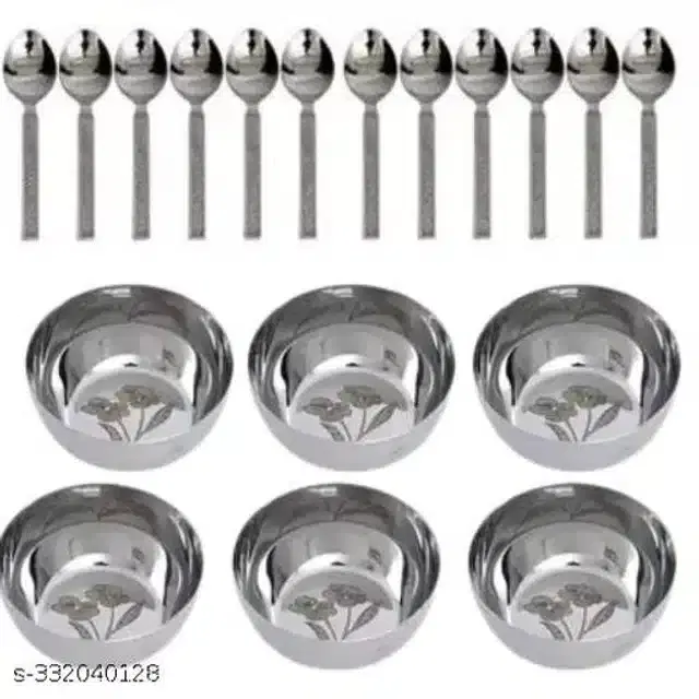 Stainless Steel 6 Pcs Bowls with 12 Pcs Spoon, Silver, Set of 2