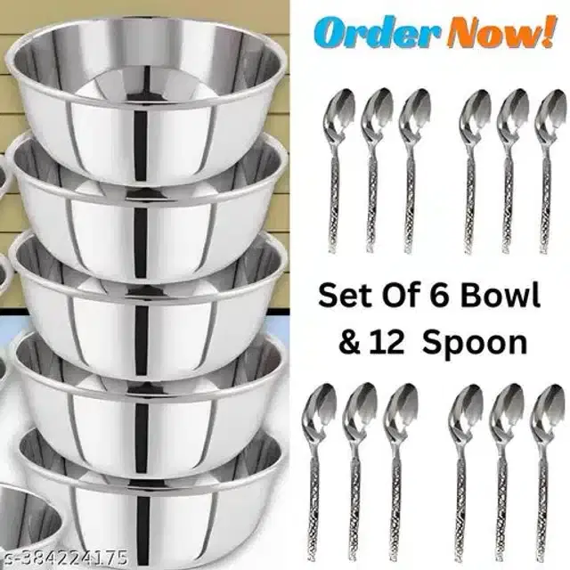 Stainless Steel 6 Pcs Bowls with 12 Pcs Spoon, Silver, Set of 2