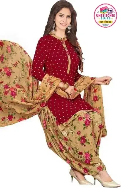Crepe Printed Womens Unstitched Suits Red, (Size: 7.5 Mtr)
