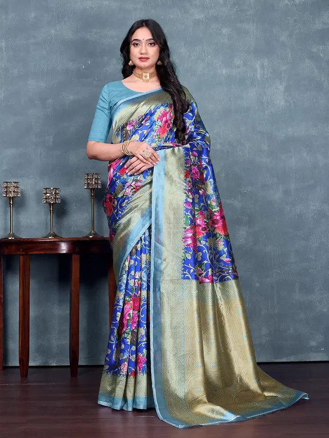 Art Silk Printed Saree for Women, Blue (6.3 m)