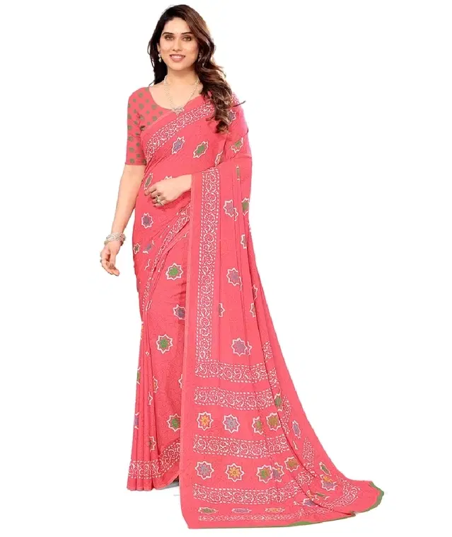 Georgette Printed Saree for Women, Pink