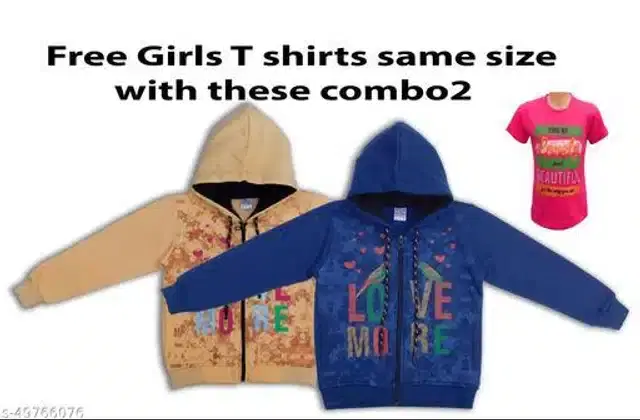 Fleece Printed Full Sleeves Hooded Sweatshirts with Free T-Shirt for Girls, Set of 3 (Multicolor, 4-5 Years)