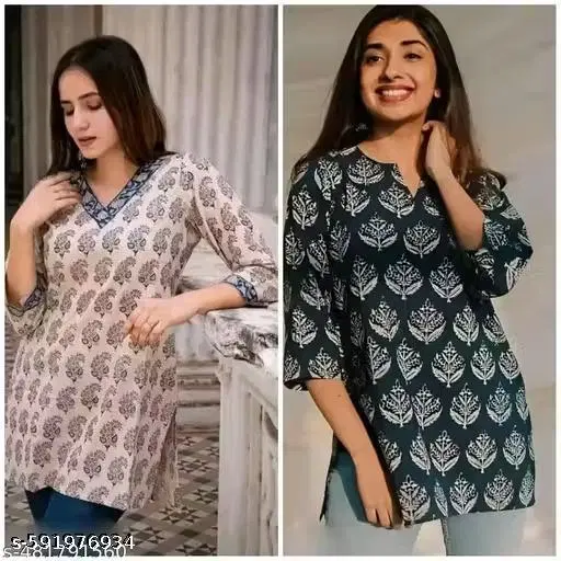 Short Kurti Printed Tops & Tunics for Women, Pack of 2 (White, XS)