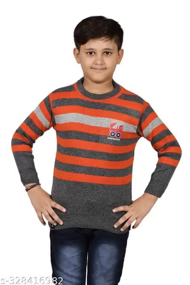 Woolen Full Sleeves Round Neck Sweater for Boys (Orange & Dark Grey, 9-10 Years)