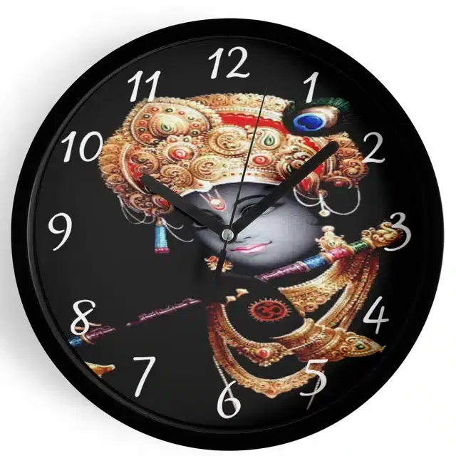 Analog Lord Krishna Wall Clock for Home, Black, 7 Inches