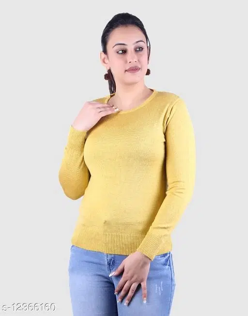 Acrylic Solid Sweater for Women (Yellow, M)