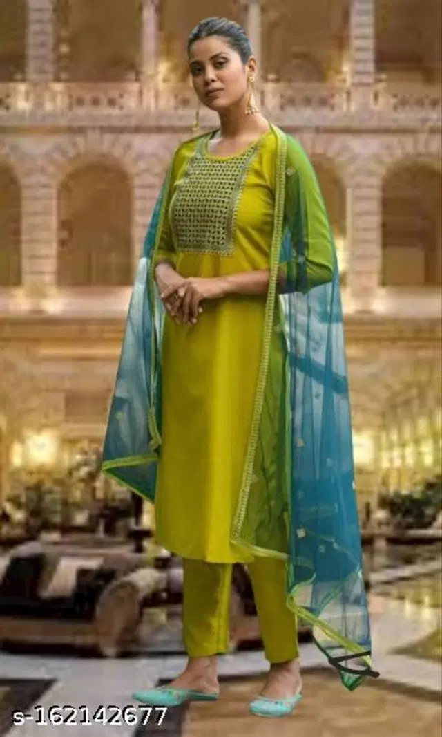 Cotton Blend Embroidered Kurta with Pant & Dupatta for Women (Multicolor, S)