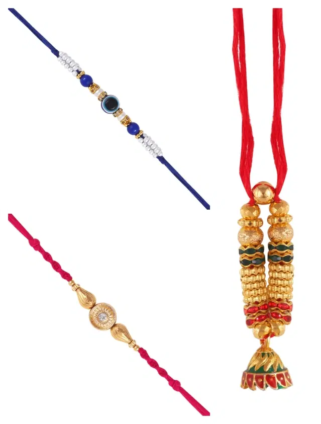Designer Rakhi with Pearls Lumba for Rakshabandhan, Multicolor, Pack of 3
