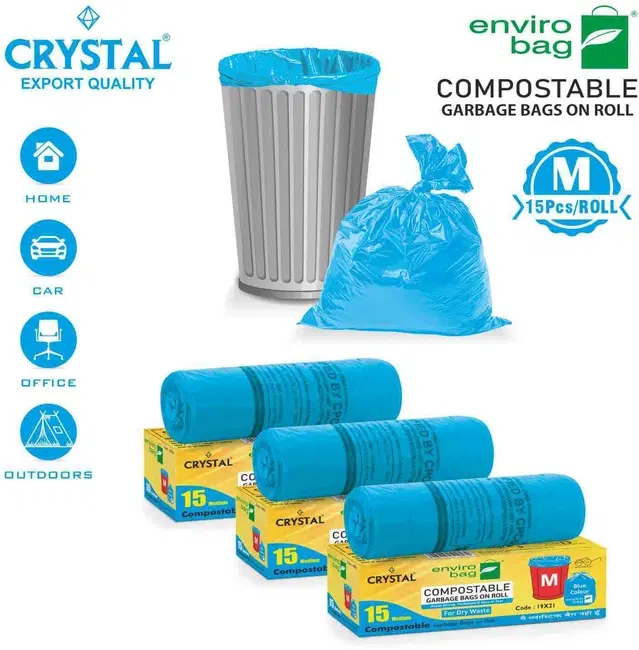 Crystal 15 Pcs Garbage Bags Rolls, Blue, 25 L, Set of 3