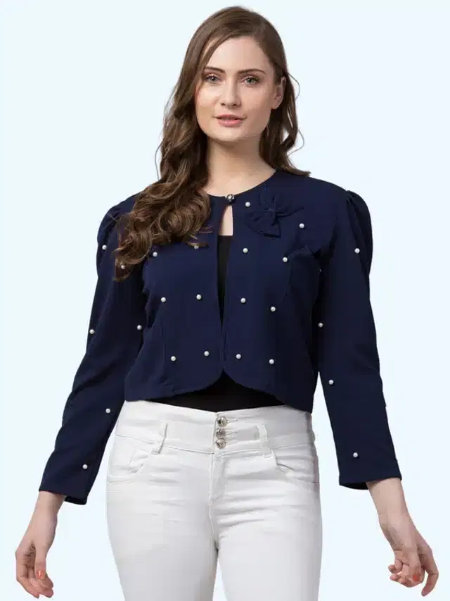 Three Quarter Sleeves Shrug for Women (Blue, S)