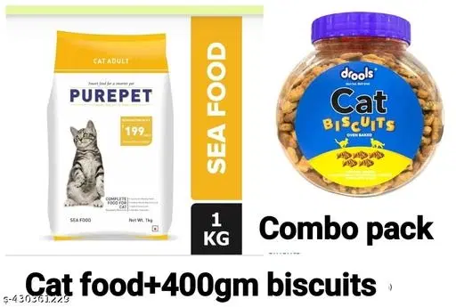 Purepet Adult Dry Cat Food Sea Food Flavour, 1 kg with Drools Cat Treat Biscuits Real Chicken Flavor, 400 g, Set of 2