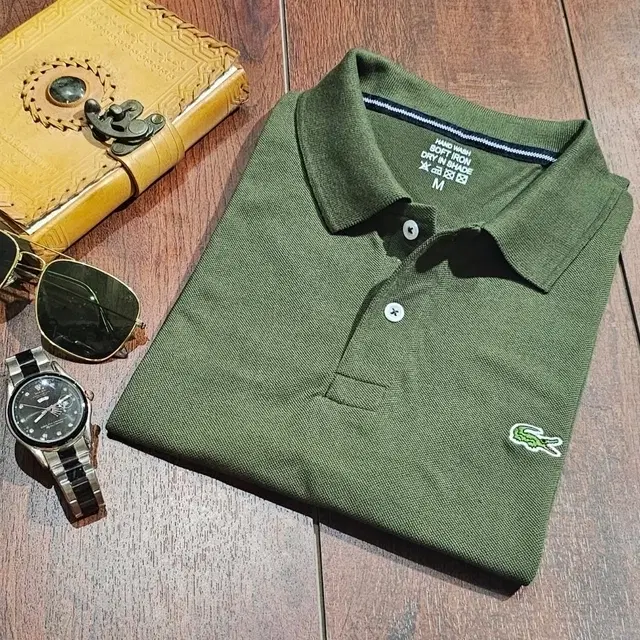 Polo Neck Solid T-Shirt for Men (Olive, M)