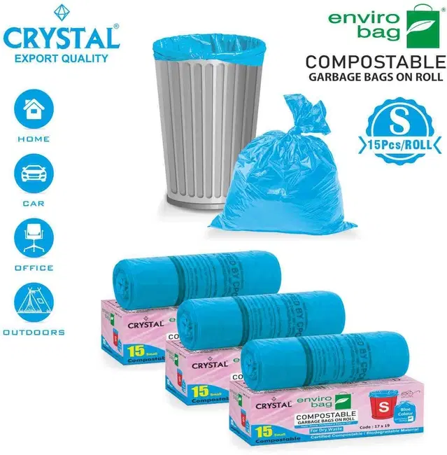 Crystal 15 Pcs Garbage Bags Rolls, Blue, 20 L, Set of 3