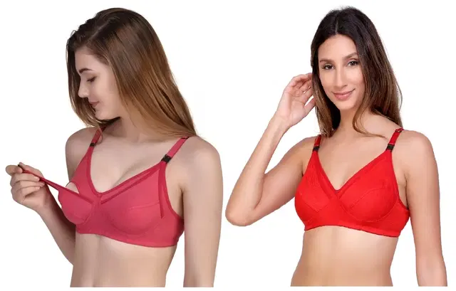Cotton Blend Solid Non Padded Feeding Bras for Women, Pack of 2 (Multicolor, 32)