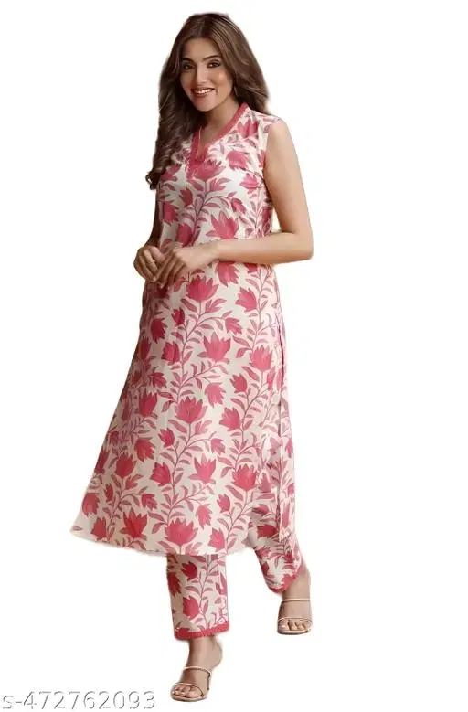 Floral Printed Sleeveless Kurti with Bottom Kurta Set for Women (Pink, XL)