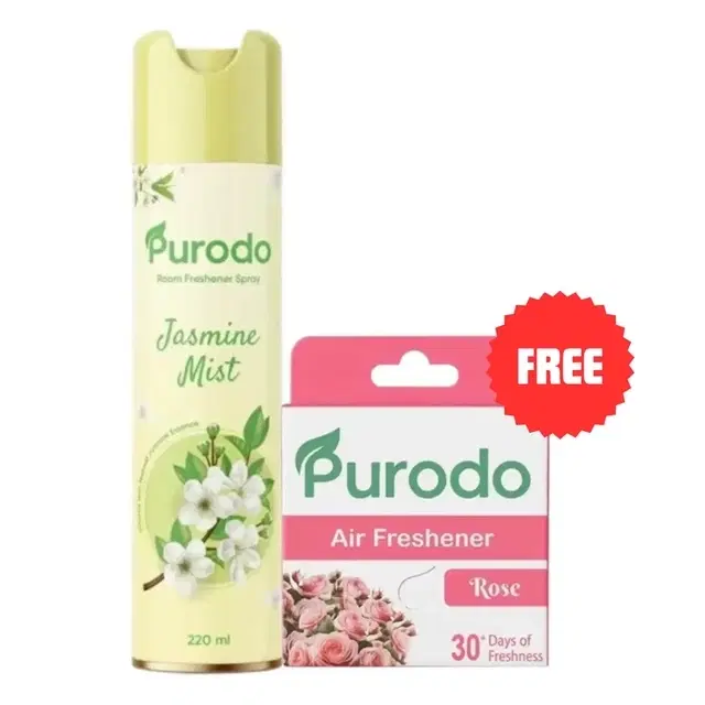 Purodo Air Freshener Spray 220ml Jasmine Mist + Air Freshner Block Rose 50g (Free)