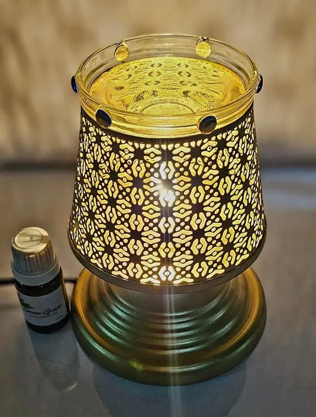 Metal Decorative Electric Moroccan-Style Oil Burner with Oil, 10 ml, Gold, Set of 1
