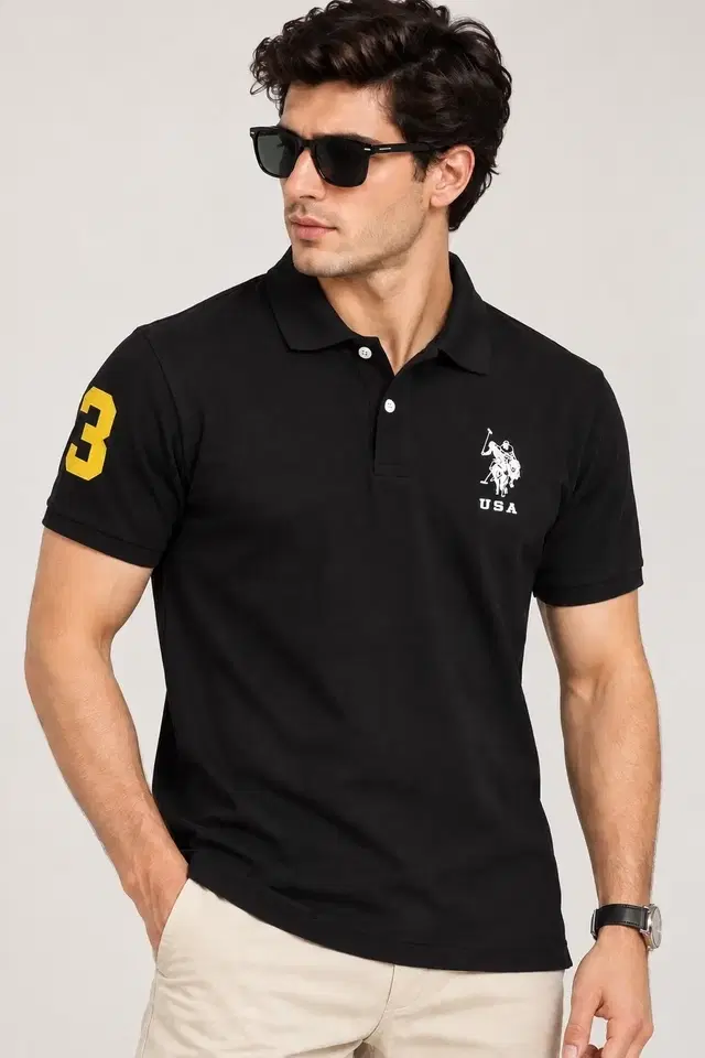 Polo Neck T-shirt for Men (Black, XL)