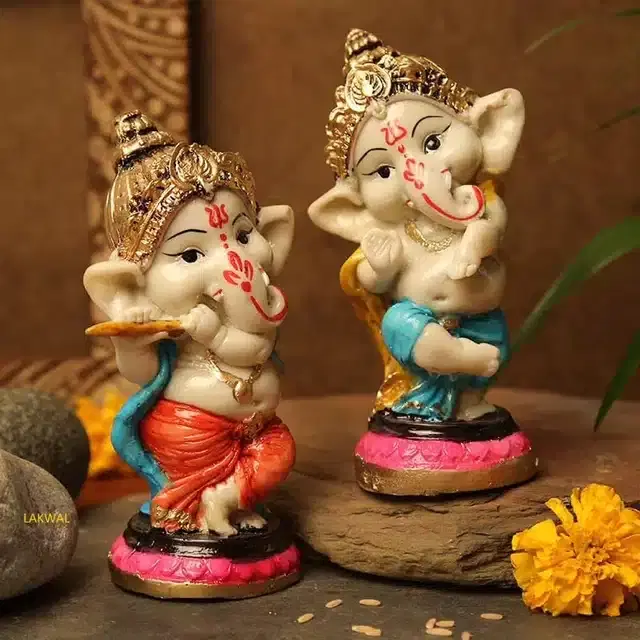 Resin Ganesh Idol for Home & Office Decor, Multicolor, Pack of 2