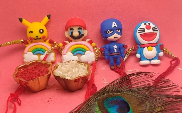 Synthetic 4 Pcs Rakhi with Roli Chawal (Multicolor, Set of 1)