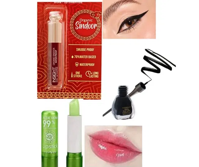 Combo of Aloevera Lip Balm with Waterproof Organic Sindoor & Eyeliner, Multicolor, Set of 3