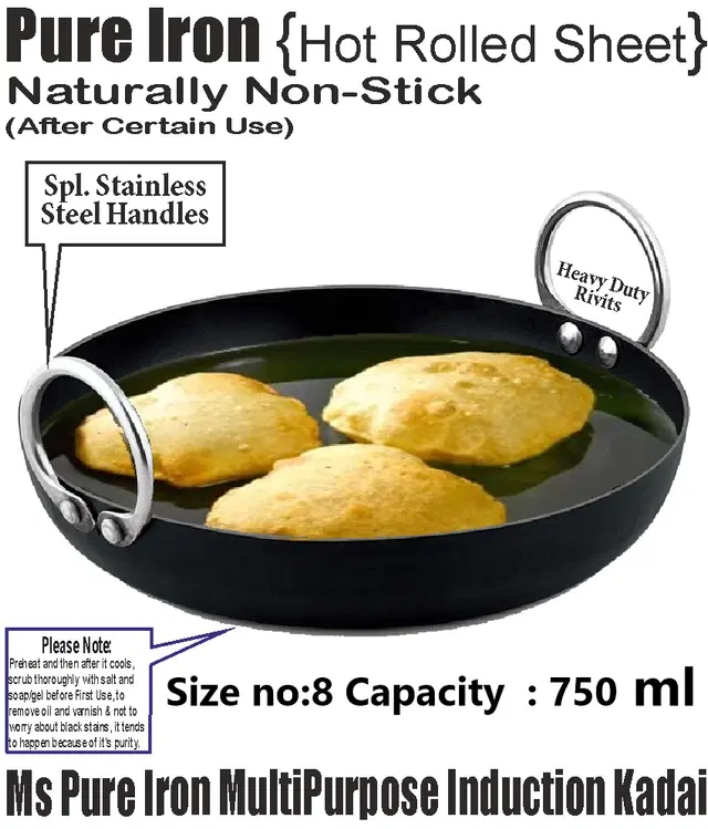 Iron Non-Stick Induction Base Kadhai, Black, 750 ml