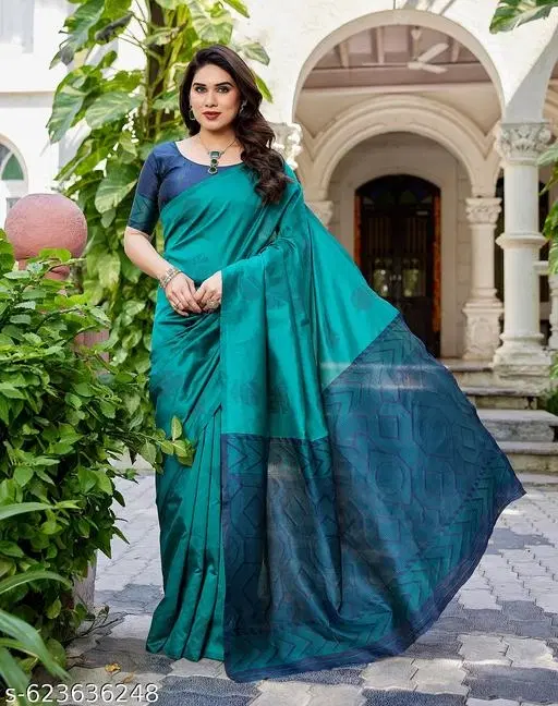 Cotton Silk Printed Saree for Women, Teal (6.3 m)
