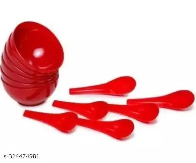 Plastic 6 Pcs Bowls, 250 ml with 6 Pcs Spoons, Red, Set of 2