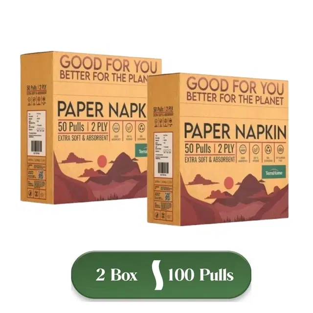 TerraHome Small Tissue Paper Napkins, 2 Ply, 30x30cm [2x50 Pieces] (Pack of 2)