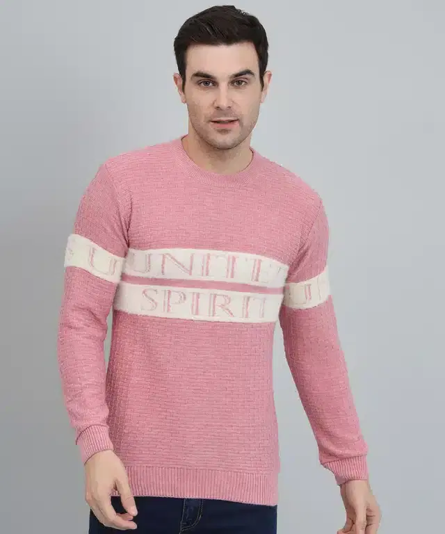 Wool Blend Printed Sweater for Men (Peach, M)