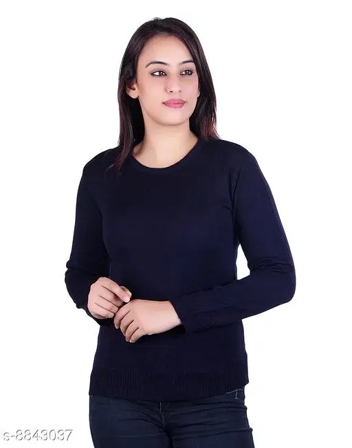 Acrylic Solid Sweater for Women (Navy Blue, L)