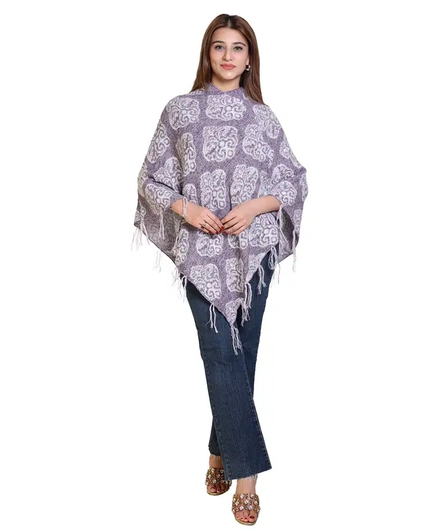 Woolen Self-Design Ponchos for Women (Violet, M)