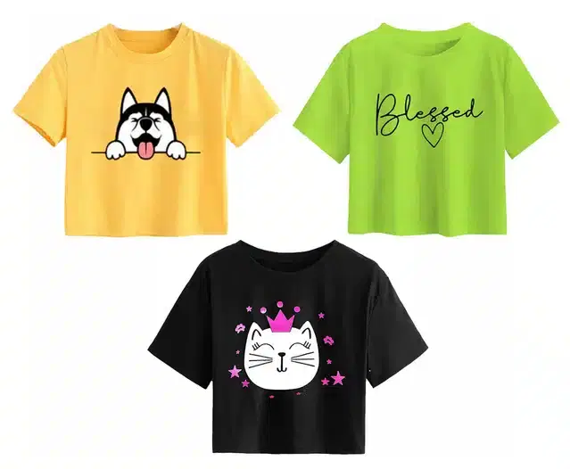 Cotton Printed Crop Tops for Girls, Pack of 3 (Multicolor, 12-13 Years)