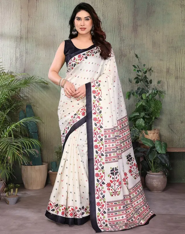 Art Silk Saree for Women, Kalamkari (Black, Free Size)