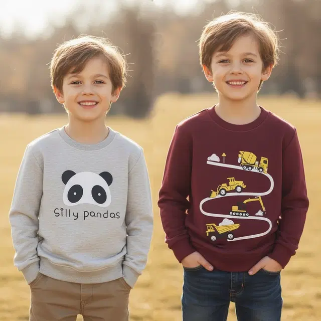 Round Neck Printed Wool Sweat Shirt For Boys, Multicolour (3-4 Years) ,Pack Of 2