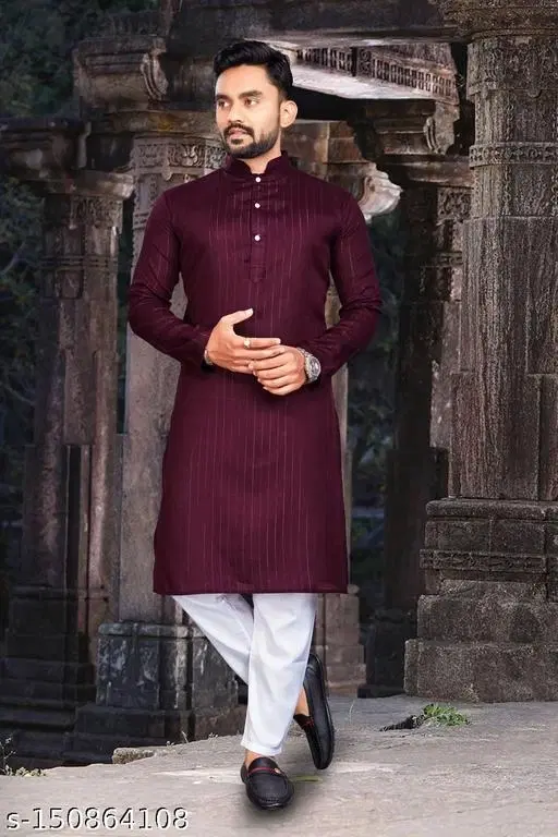 Cotton Blend Striped Kurta Set for Men (S)