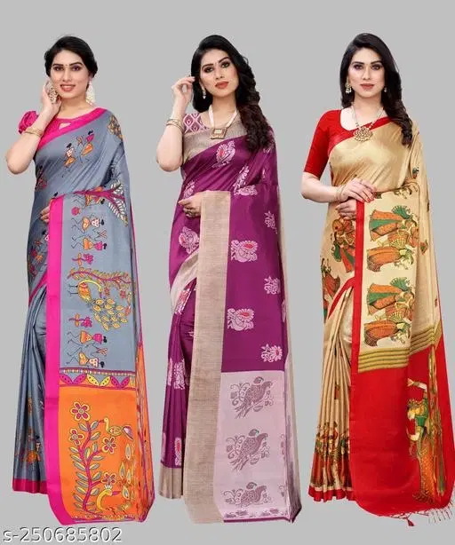 Art Silk Saree for Women, Pack of 3 (Purple, Free Size)